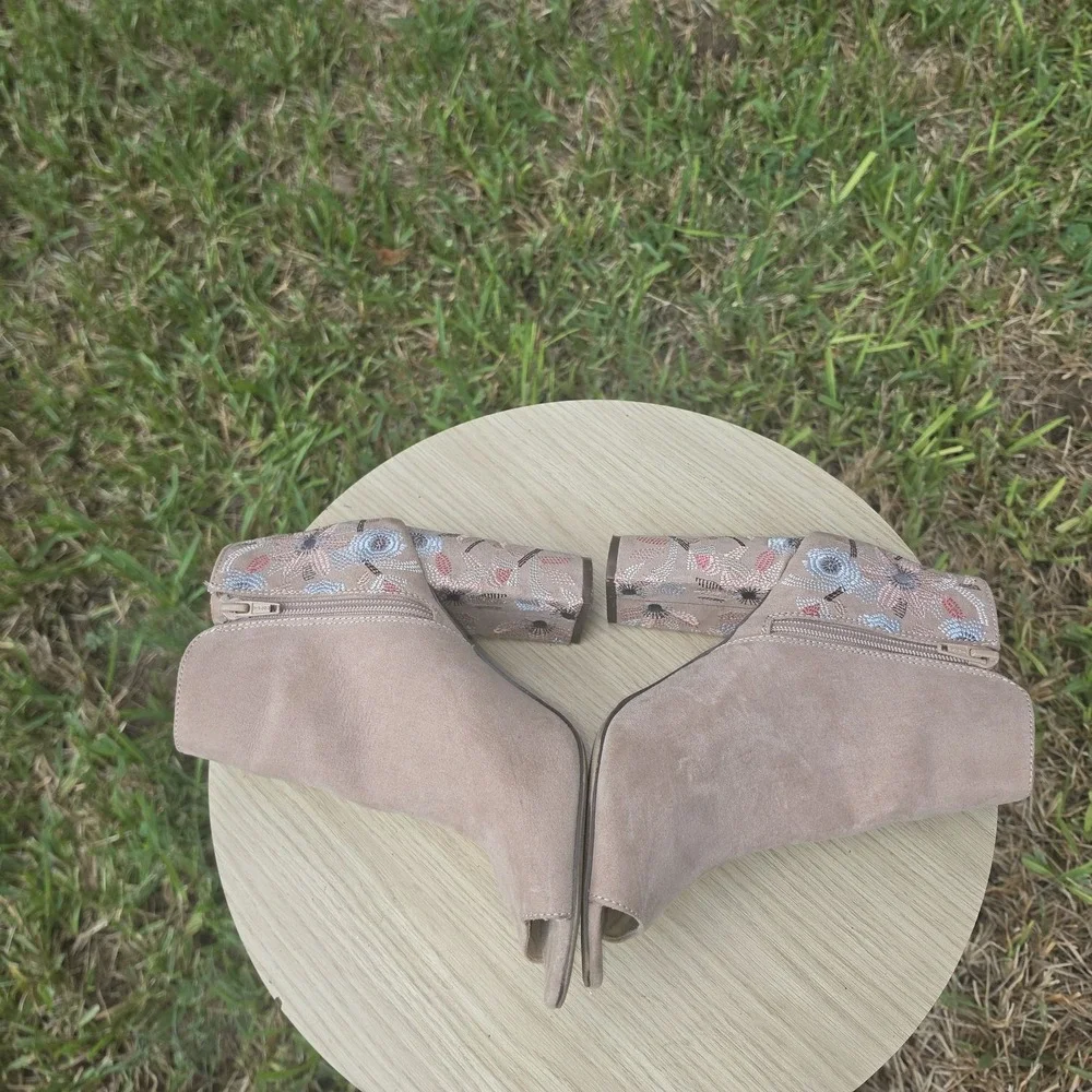 Beige Faux Suede Floral Embroidered Open Toe Block Heel Ankle Booties